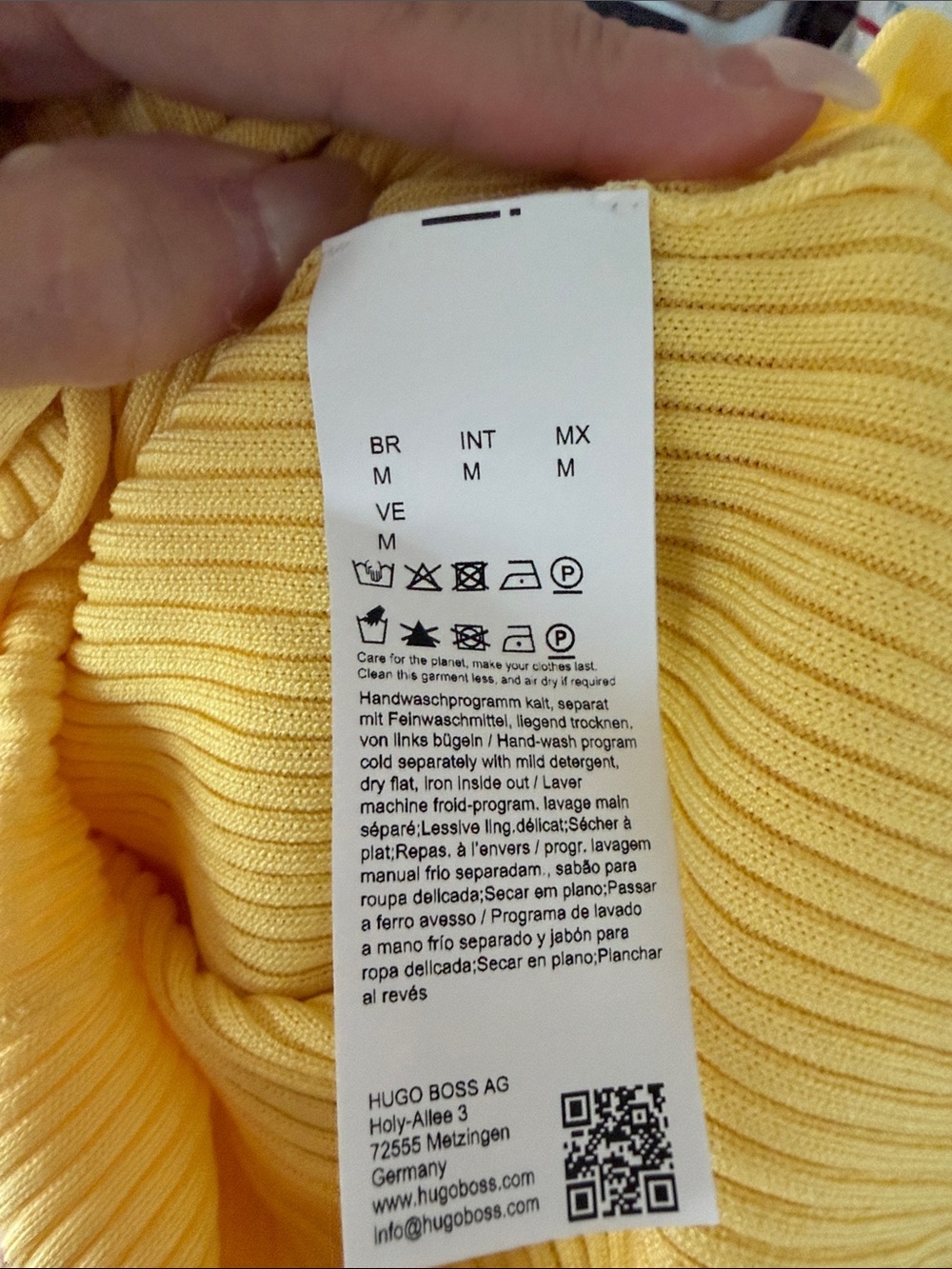 HUGO Yellow Ribbed V-Neck Drawstring Top - Picture 7 of 8